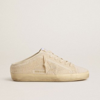 Golden Goose Super-Star Sabot In Beige Canvas With Embroidered Beads And Beige Suede Star