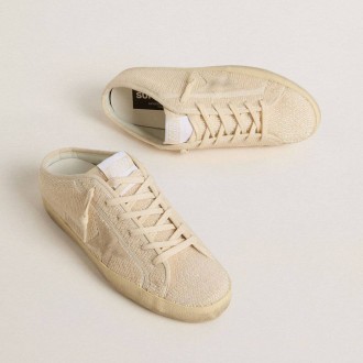 Golden Goose Super-Star Sabot In Beige Canvas With Embroidered Beads And Beige Suede Star Golden Goose Super-Star Sabot In Beige Canvas With Embroidered Beads And Beige Suede Star