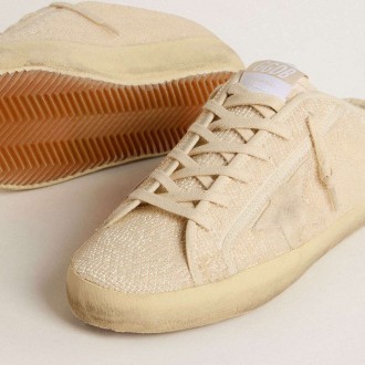 Golden Goose Super-Star Sabot In Beige Canvas With Embroidered Beads And Beige Suede Star Golden Goose Super-Star Sabot In Beige Canvas With Embroidered Beads And Beige Suede Star