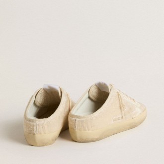 Golden Goose Super-Star Sabot In Beige Canvas With Embroidered Beads And Beige Suede Star Golden Goose Super-Star Sabot In Beige Canvas With Embroidered Beads And Beige Suede Star