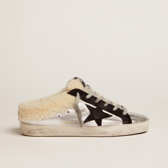 Golden Goose Super-Star Sabot In Silver Laminated Leather With Black Star