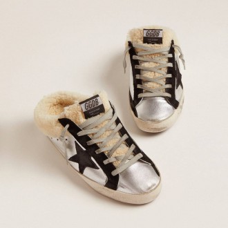 Golden Goose Super-Star Sabot In Silver Laminated Leather With Black Star Golden Goose Super-Star Sabot In Silver Laminated Leather With Black Star