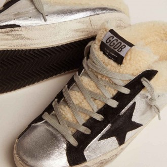 Golden Goose Super-Star Sabot In Silver Laminated Leather With Black Star Golden Goose Super-Star Sabot In Silver Laminated Leather With Black Star