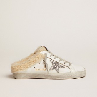 Golden Goose Super-Star Sabot In White Leather And Shearling Lining