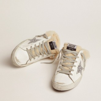 Golden Goose Super-Star Sabot In White Leather And Shearling Lining