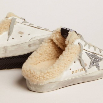 Golden Goose Super-Star Sabot In White Leather And Shearling Lining
