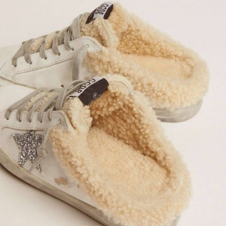 Golden Goose Super-Star Sabot In White Leather And Shearling Lining