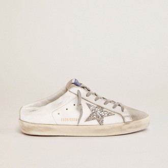 Golden Goose Super-Star Sabot With A Platinum Glitter Star And Suede Tongue
