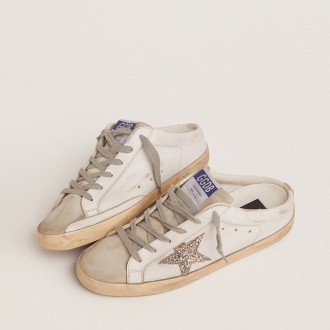 Golden Goose Super-Star Sabot With A Platinum Glitter Star And Suede Tongue Golden Goose Super-Star Sabot With A Platinum Glitter Star And Suede Tongue