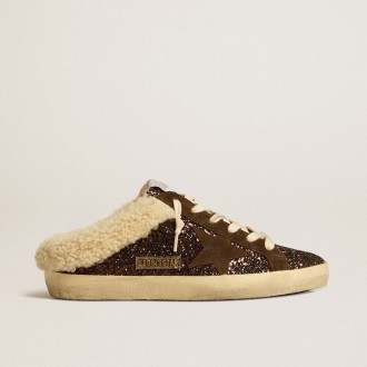 Golden Goose Super-Star Sabots In Glitter With Brown Star And Shearling Lining