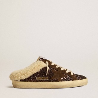 Golden Goose Super-Star Sabots In Glitter With Brown Star And Shearling Lining