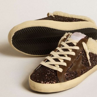Golden Goose Super-Star Sabots In Glitter With Brown Star And Shearling Lining
