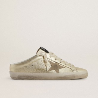 Golden Goose Super-Star Sabots In Platinum Foiled Leather With Beige Suede Star