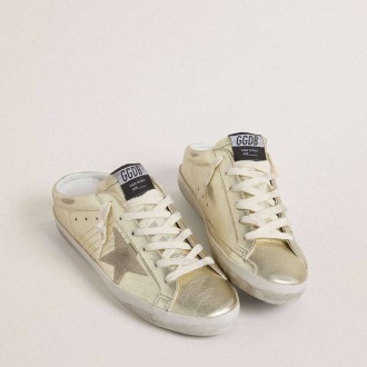 Golden Goose Super-Star Sabots In Platinum Foiled Leather With Beige Suede Star