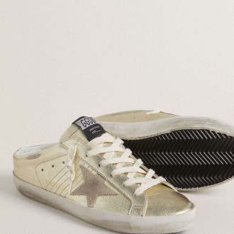 Golden Goose Super-Star Sabots In Platinum Foiled Leather With Beige Suede Star