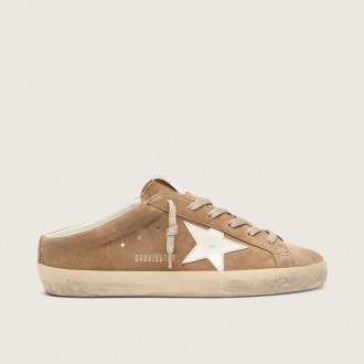 Golden Goose Super-Star Sabots In Tobacco Suede With White Leather Star