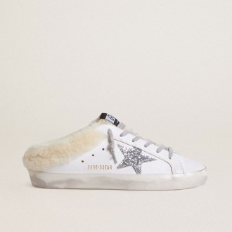 Golden Goose Super-Star Sabots In White Leather With Shearling Lining And Silver Star