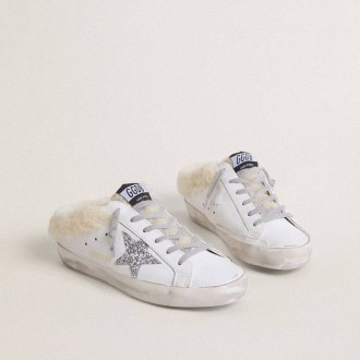 Golden Goose Super-Star Sabots In White Leather With Shearling Lining And Silver Star Golden Goose Super-Star Sabots In White Leather With Shearling Lining And Silver Star