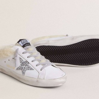 Golden Goose Super-Star Sabots In White Leather With Shearling Lining And Silver Star Golden Goose Super-Star Sabots In White Leather With Shearling Lining And Silver Star