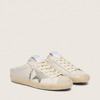 Golden Goose Super-Star Sabots In White Leather With Swarovski Star Golden Goose Super-Star Sabots In White Leather With Swarovski Star
