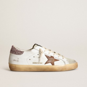 Golden Goose Super-Star With A Tan Star And Pink Glitter Heel Tab Golden Goose Super-Star With A Tan Star And Pink Glitter Heel Tab