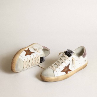 Golden Goose Super-Star With A Tan Star And Pink Glitter Heel Tab Golden Goose Super-Star With A Tan Star And Pink Glitter Heel Tab