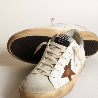 Golden Goose Super-Star With A Tan Star And Pink Glitter Heel Tab Golden Goose Super-Star With A Tan Star And Pink Glitter Heel Tab