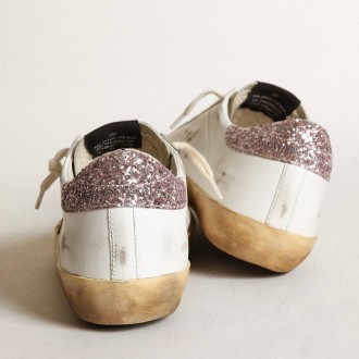 Golden Goose Super-Star With A Tan Star And Pink Glitter Heel Tab Golden Goose Super-Star With A Tan Star And Pink Glitter Heel Tab