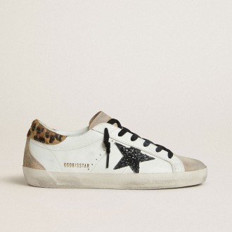 Golden Goose Super-Star With Black Glitter Star And Leopard-Print Pony Skin Heel Tab Golden Goose Super-Star With Black Glitter Star And Leopard-Print Pony Skin Heel Tab