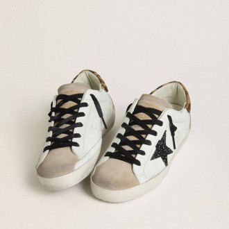 Golden Goose Super-Star With Black Glitter Star And Leopard-Print Pony Skin Heel Tab Golden Goose Super-Star With Black Glitter Star And Leopard-Print Pony Skin Heel Tab