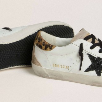 Golden Goose Super-Star With Black Glitter Star And Leopard-Print Pony Skin Heel Tab Golden Goose Super-Star With Black Glitter Star And Leopard-Print Pony Skin Heel Tab