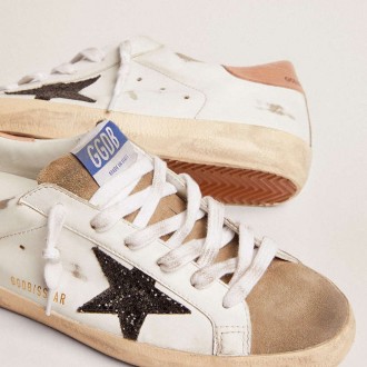 Golden Goose Super-Star With Black Glitter Star And Pink Heel Tab Golden Goose Super-Star With Black Glitter Star And Pink Heel Tab
