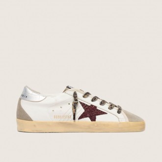 Golden Goose Super-Star With Burgundy Glitter Star And Silver Heel Tab Golden Goose Super-Star With Burgundy Glitter Star And Silver Heel Tab