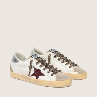 Golden Goose Super-Star With Burgundy Glitter Star And Silver Heel Tab Golden Goose Super-Star With Burgundy Glitter Star And Silver Heel Tab