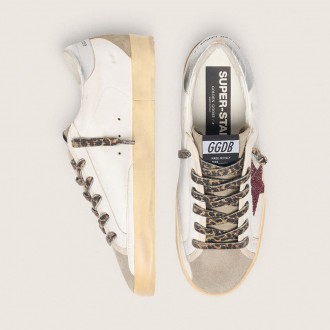 Golden Goose Super-Star With Burgundy Glitter Star And Silver Heel Tab Golden Goose Super-Star With Burgundy Glitter Star And Silver Heel Tab