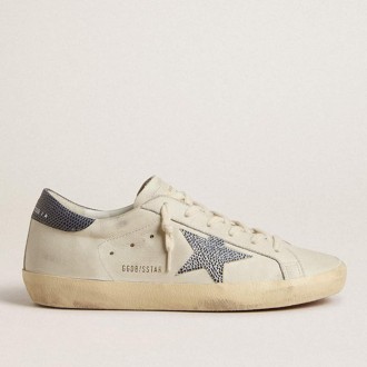 Golden Goose Super-Star With Cream-Colored Leather Star With Swarovski Crystals And Blue Leather Heel Tab With Lizard Print
