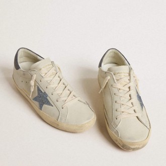 Golden Goose Super-Star With Cream-Colored Leather Star With Swarovski Crystals And Blue Leather Heel Tab With Lizard Print