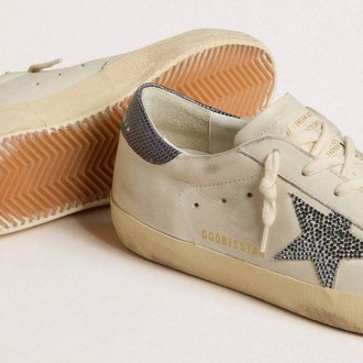 Golden Goose Super-Star With Cream-Colored Leather Star With Swarovski Crystals And Blue Leather Heel Tab With Lizard Print