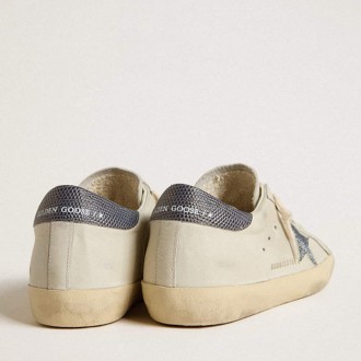 Golden Goose Super-Star With Cream-Colored Leather Star With Swarovski Crystals And Blue Leather Heel Tab With Lizard Print