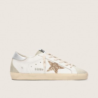 Golden Goose Super-Star With Gold Glitter Star And Ice-Gray Suede Inserts