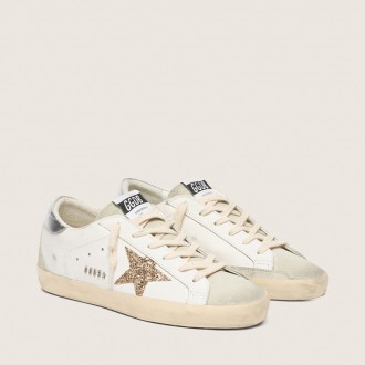 Golden Goose Super-Star With Gold Glitter Star And Ice-Gray Suede Inserts Golden Goose Super-Star With Gold Glitter Star And Ice-Gray Suede Inserts