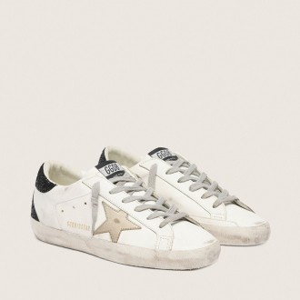 Golden Goose Super-Star With Gold Star And Black Glitter Heel Tab Golden Goose Super-Star With Gold Star And Black Glitter Heel Tab