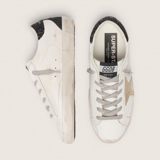 Golden Goose Super-Star With Gold Star And Black Glitter Heel Tab Golden Goose Super-Star With Gold Star And Black Glitter Heel Tab