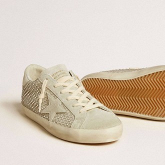 Golden Goose Super-Star With Gray Suede Star And Swarovski Crystal Mesh Golden Goose Super-Star With Gray Suede Star And Swarovski Crystal Mesh