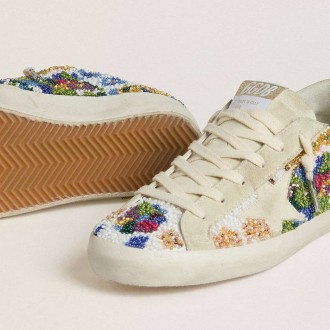 Golden Goose Super-Star With Multicolored Beads And Beige Suede Star