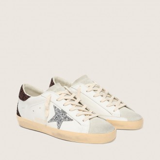 Golden Goose Super-Star With Silver Glitter Star And Brown Glitter Heel Tab