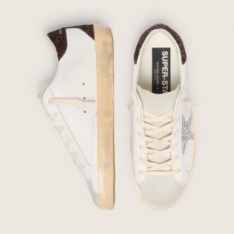 Golden Goose Super-Star With Silver Glitter Star And Brown Glitter Heel Tab
