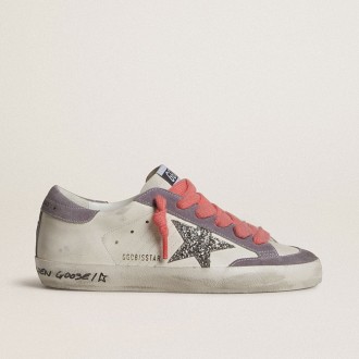 Golden Goose Super-Star With Silver Glitter Star And Lilac Suede Heel Tab Golden Goose Super-Star With Silver Glitter Star And Lilac Suede Heel Tab