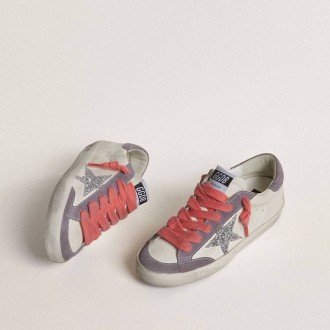 Golden Goose Super-Star With Silver Glitter Star And Lilac Suede Heel Tab