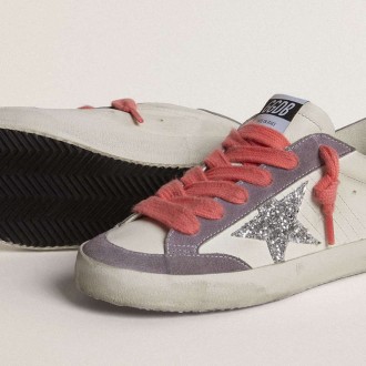 Golden Goose Super-Star With Silver Glitter Star And Lilac Suede Heel Tab